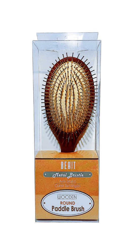 Beaut Metal Bristle Wooden Round Paddle Brush